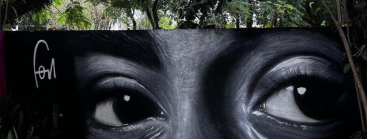 Mural pintado em estúdio de gravação com os olhos marcantes de Tupac Shakur, ícone do rap americano. A obra integra o ambiente musical do estúdio e presta homenagem à força e à presença de um dos maiores nomes do hip-hop mundial.